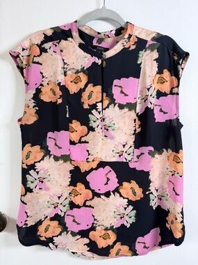 J. Crew Navy blue Sleeveless Floral Blouse with Pink & Peach Blooms /Pre Owned